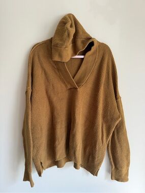 aerie Camel Knit Hooded Sweater
